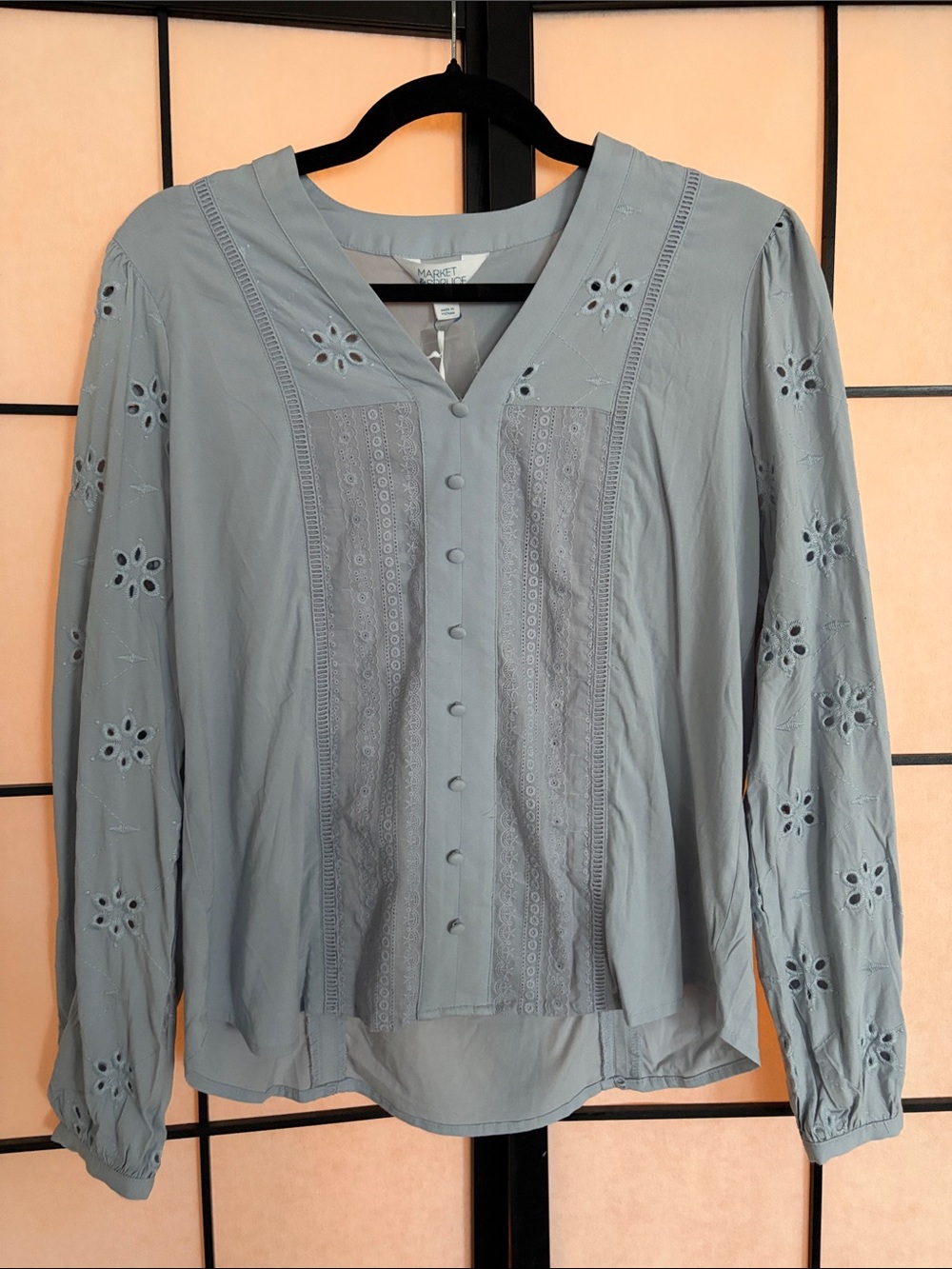 Market & Spruce Dusty Blue Eyelet Button-Front Blouse